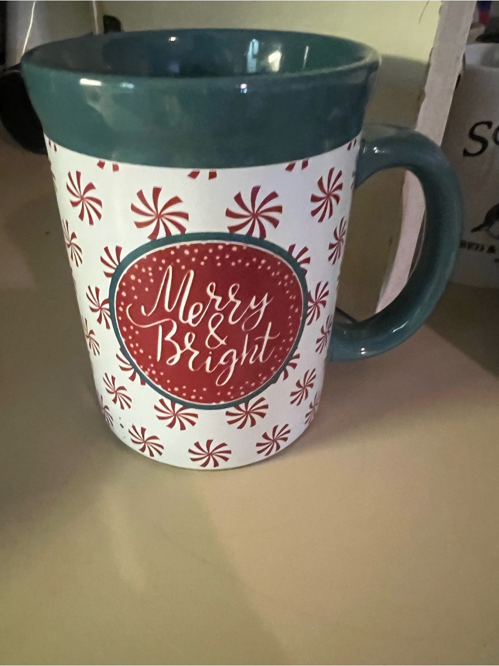 Merry & Bright Holiday Ceramic Coffee Mug - Teal and Red